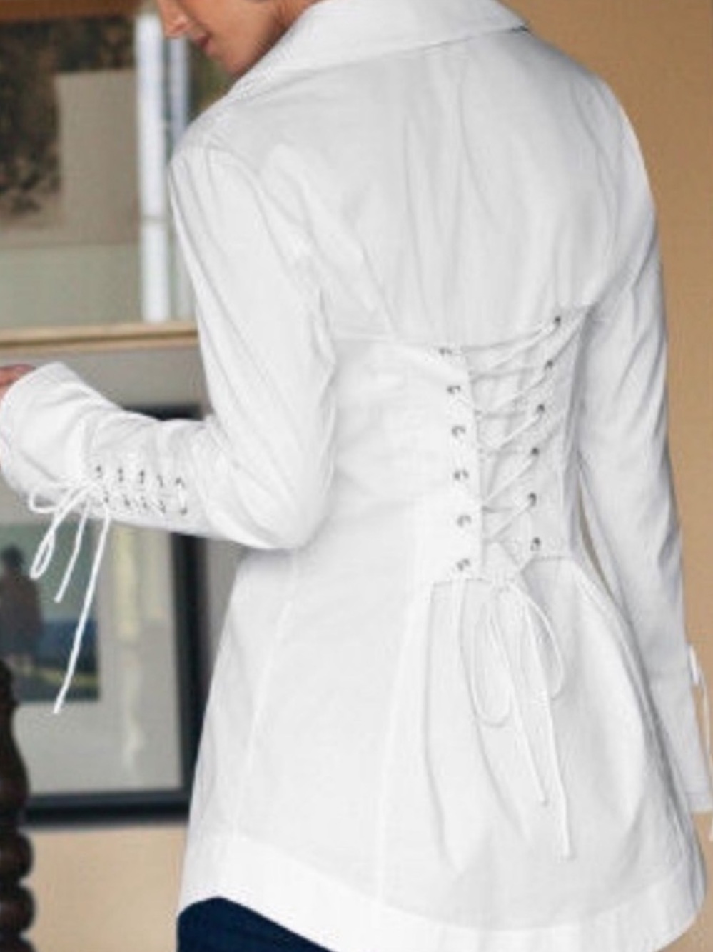Soft Surroundings White Cotton Lace Up Corset Back Button up Shirt